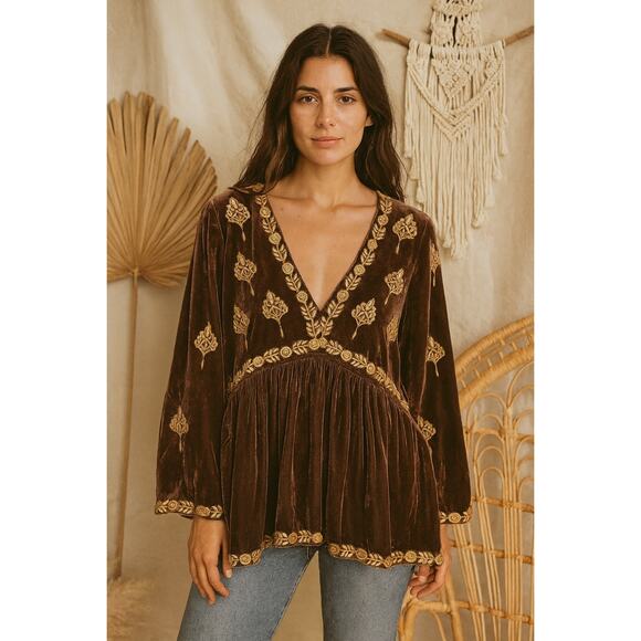 POL Tops - Bohemian Velvet Embroidered Peasant Top in Chocolate Brown Large